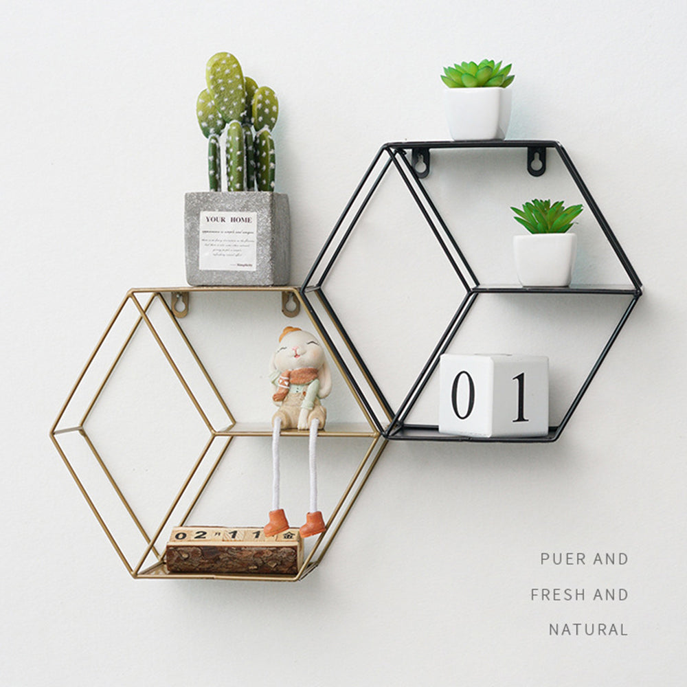 Modern three-tier hexagon iron wall shelf from Wall & Willow (view 8)